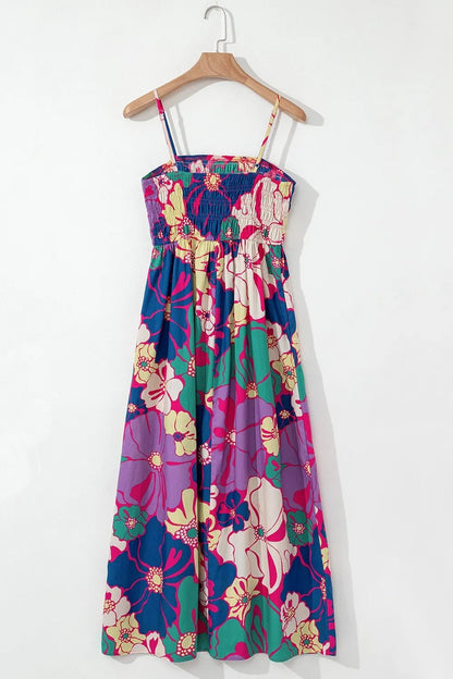 Floral Print Shirred Spaghetti Strap Loose Maxi Dress - adritiX