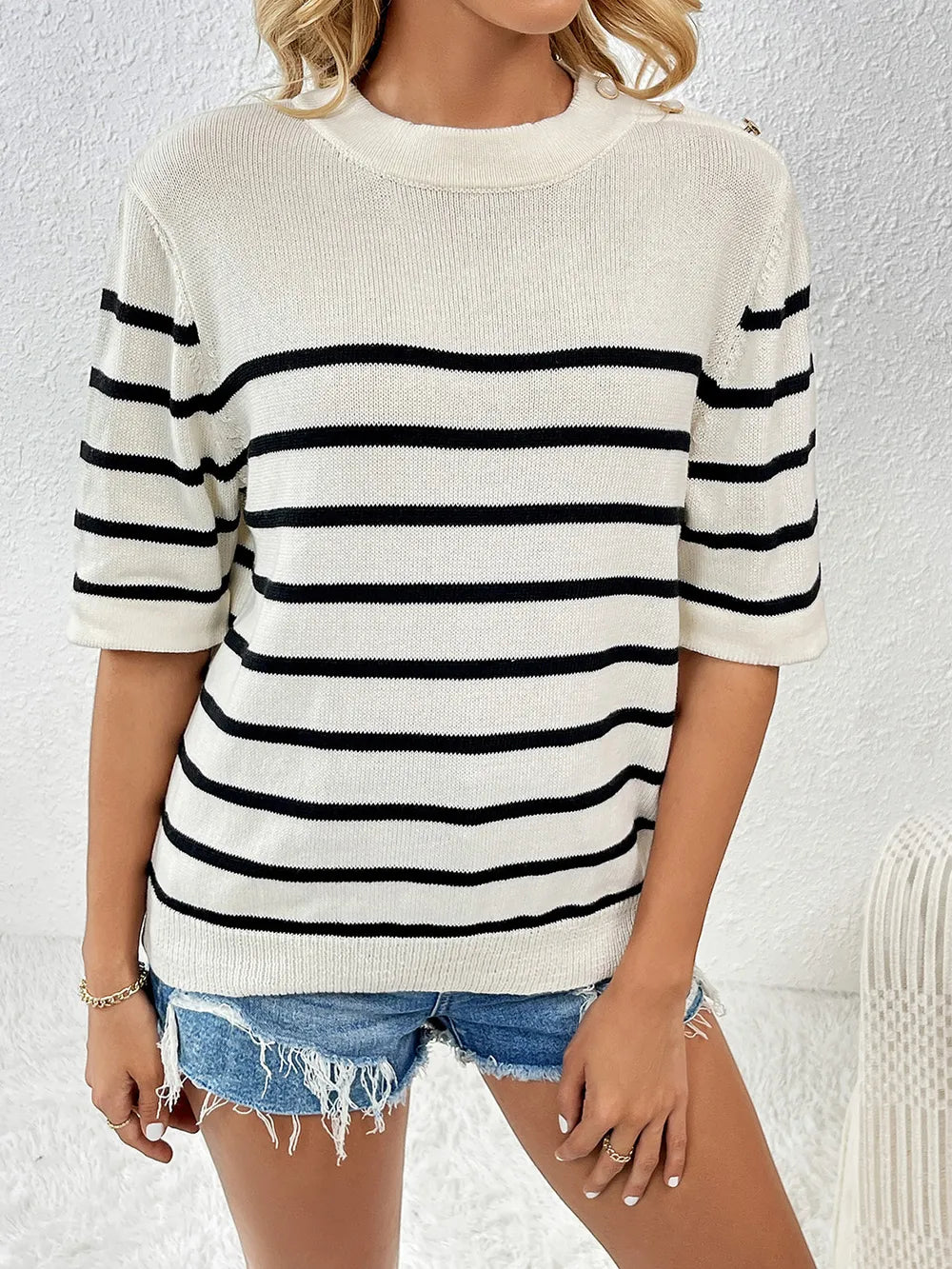 Striped Round Neck Half Sleeve Knit Top - adritiX