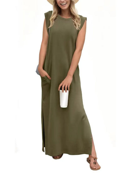 Full Size Slit Round Neck Sleeveless Maxi Tank Dress Plus Size - adritiX