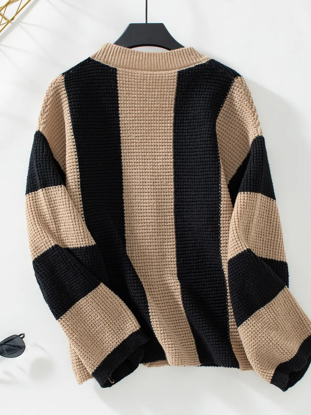 Waffle-Knit V-Neck Striped Long Sleeve Cardigan - adritiX