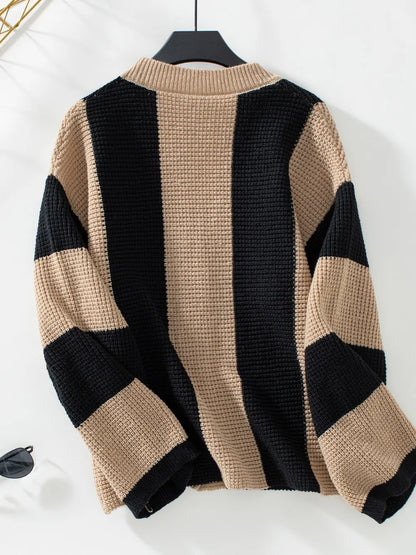 Waffle-Knit V-Neck Striped Long Sleeve Cardigan - adritiX