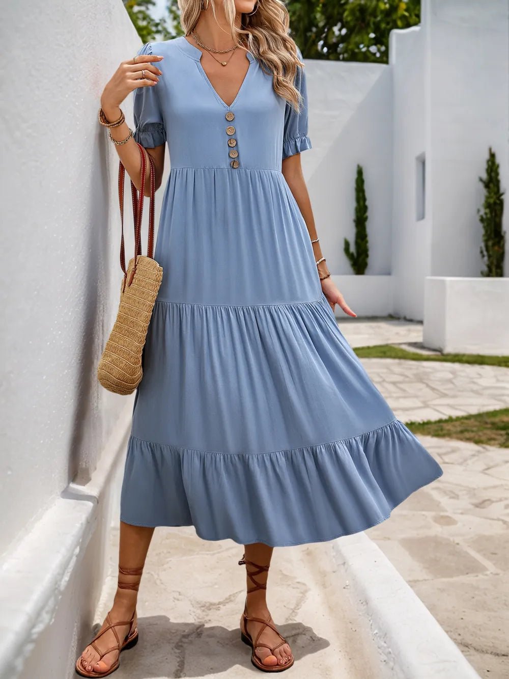 Notched Short Sleeve Tiered Midi Dress - adritiX