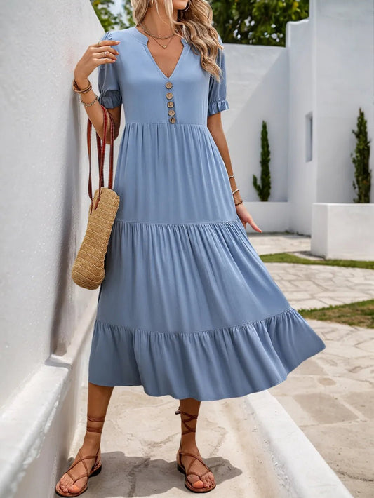Notched Short Sleeve Tiered Midi Dress - adritiX