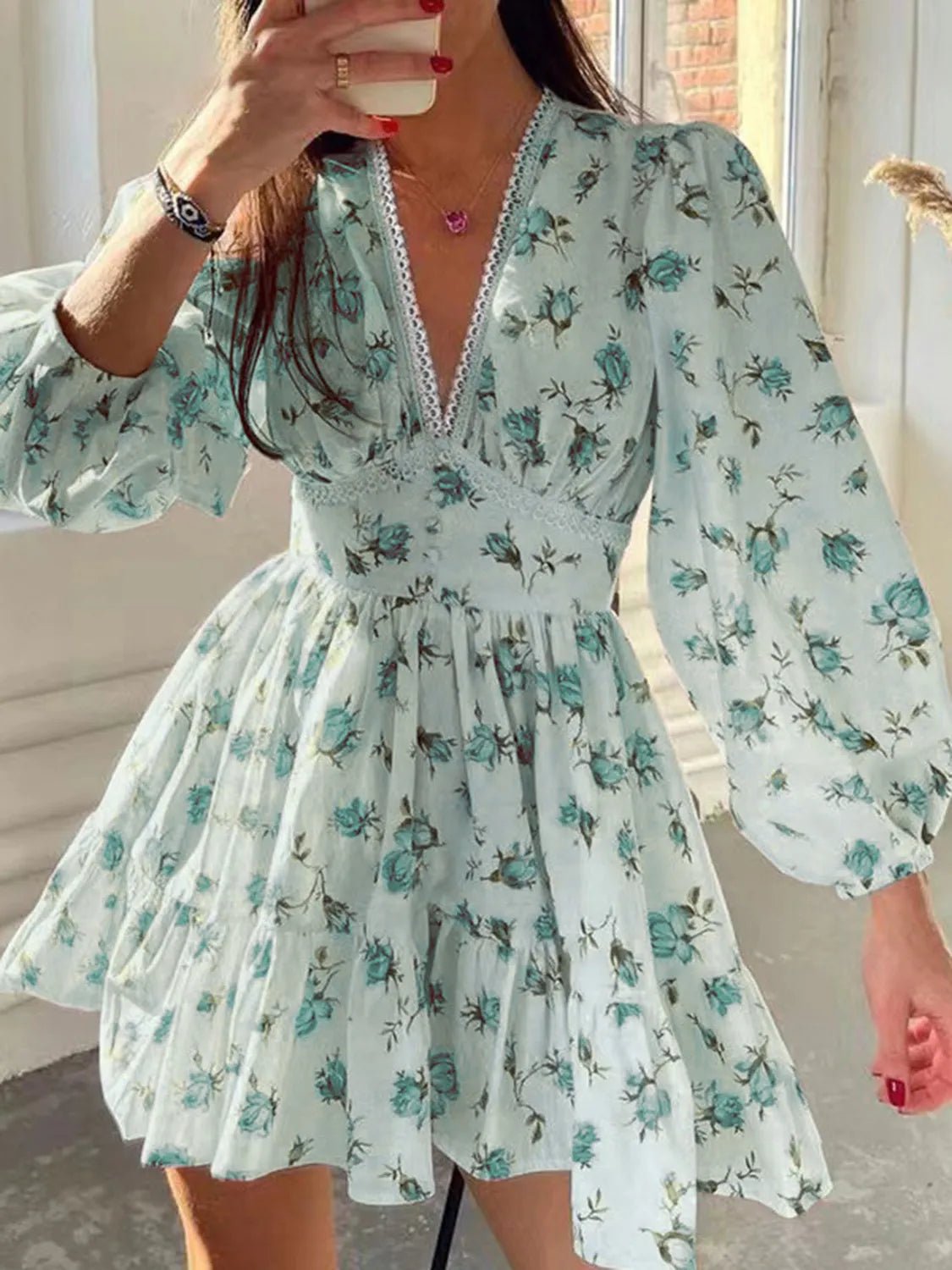 Lace Detail V-Neck Balloon Sleeve Dress - adritiX