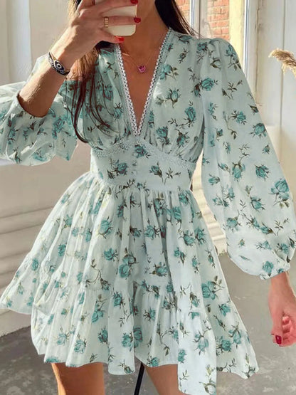 Lace Detail V-Neck Balloon Sleeve Dress - adritiX