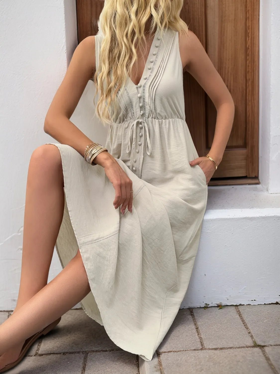 V-Neck Sleeveless Midi Dress - adritiX