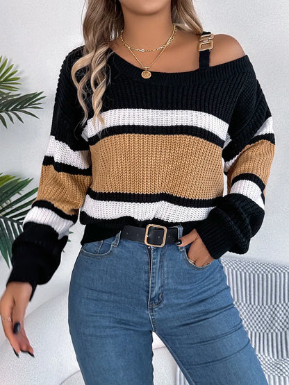 Color Block Asymmetrical Neck Long Sleeve Sweater - adritiX