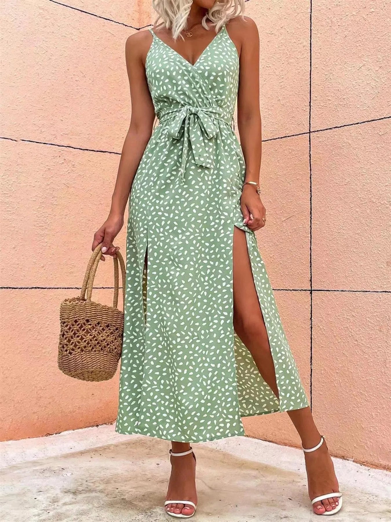 Slit Printed Surplice Midi Dress - adritiX