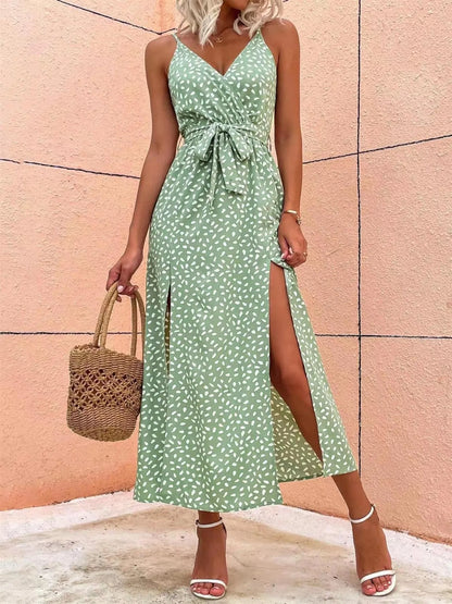 Slit Printed Surplice Midi Dress - adritiX