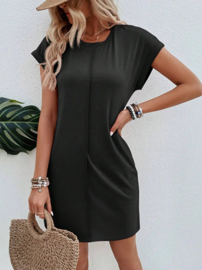 Exposed Seam Short Sleeve Mini Tee Dress - adritiX