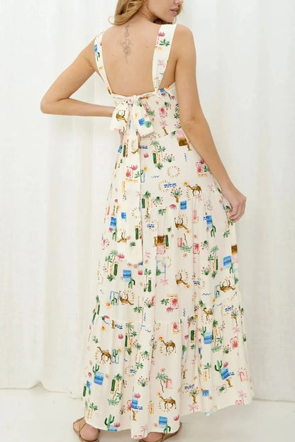 Printed Square Neck Wide Strap Maxi Dress - adritiX