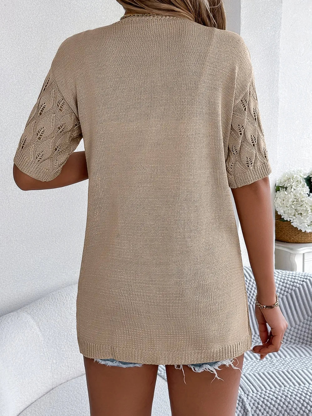Openwork Open Front Short Sleeve Cardigan - adritiX