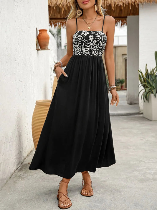 Elegant Smocked Midi Cami Dress with Pockets - adritiX