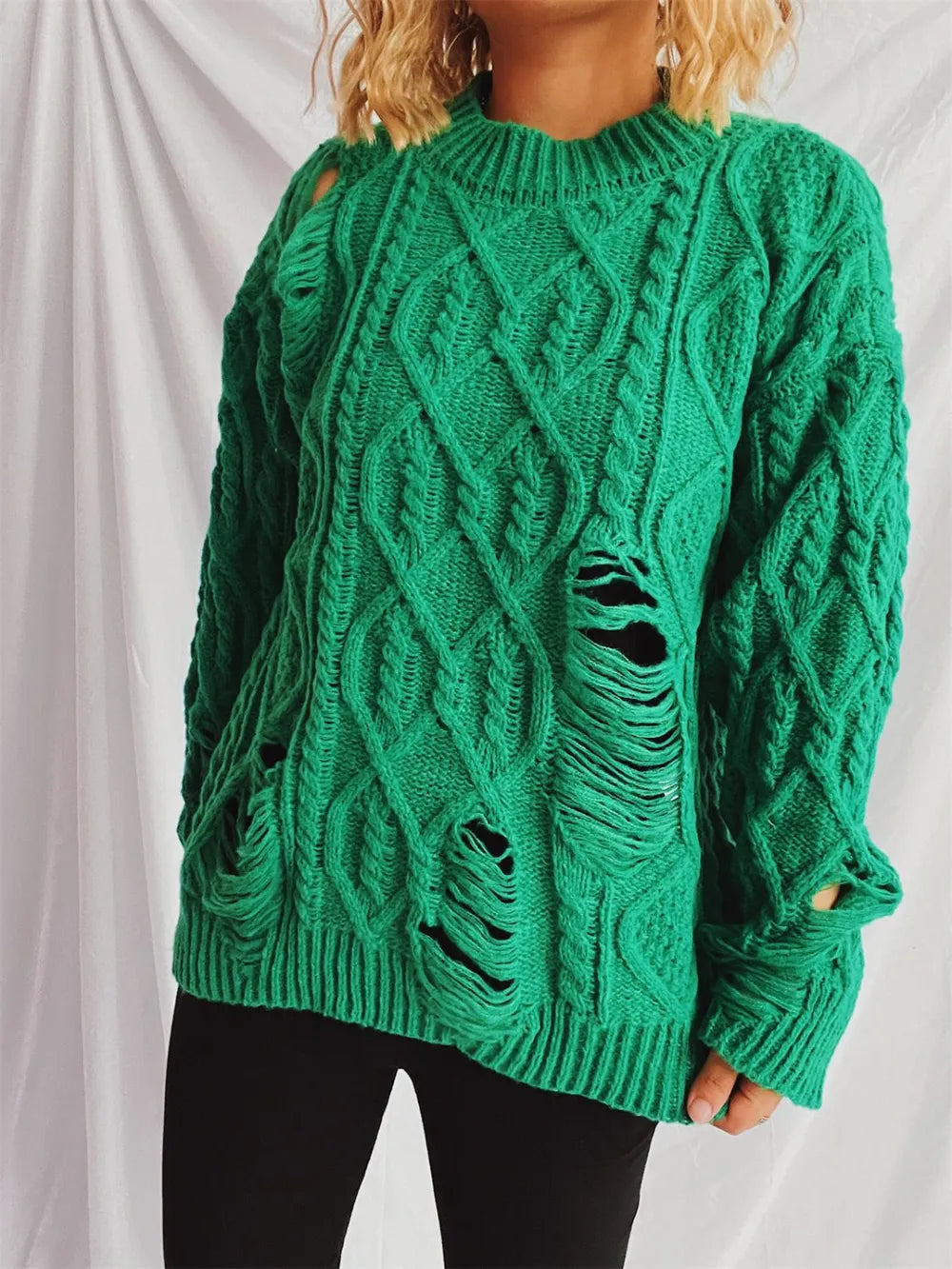 Distressed Cable-Knit Round Neck Long Sleeve Sweater - adritiX