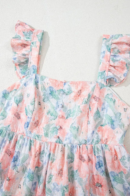 Floral Colorblock Flutter Straps Flowy Dress - adritiX
