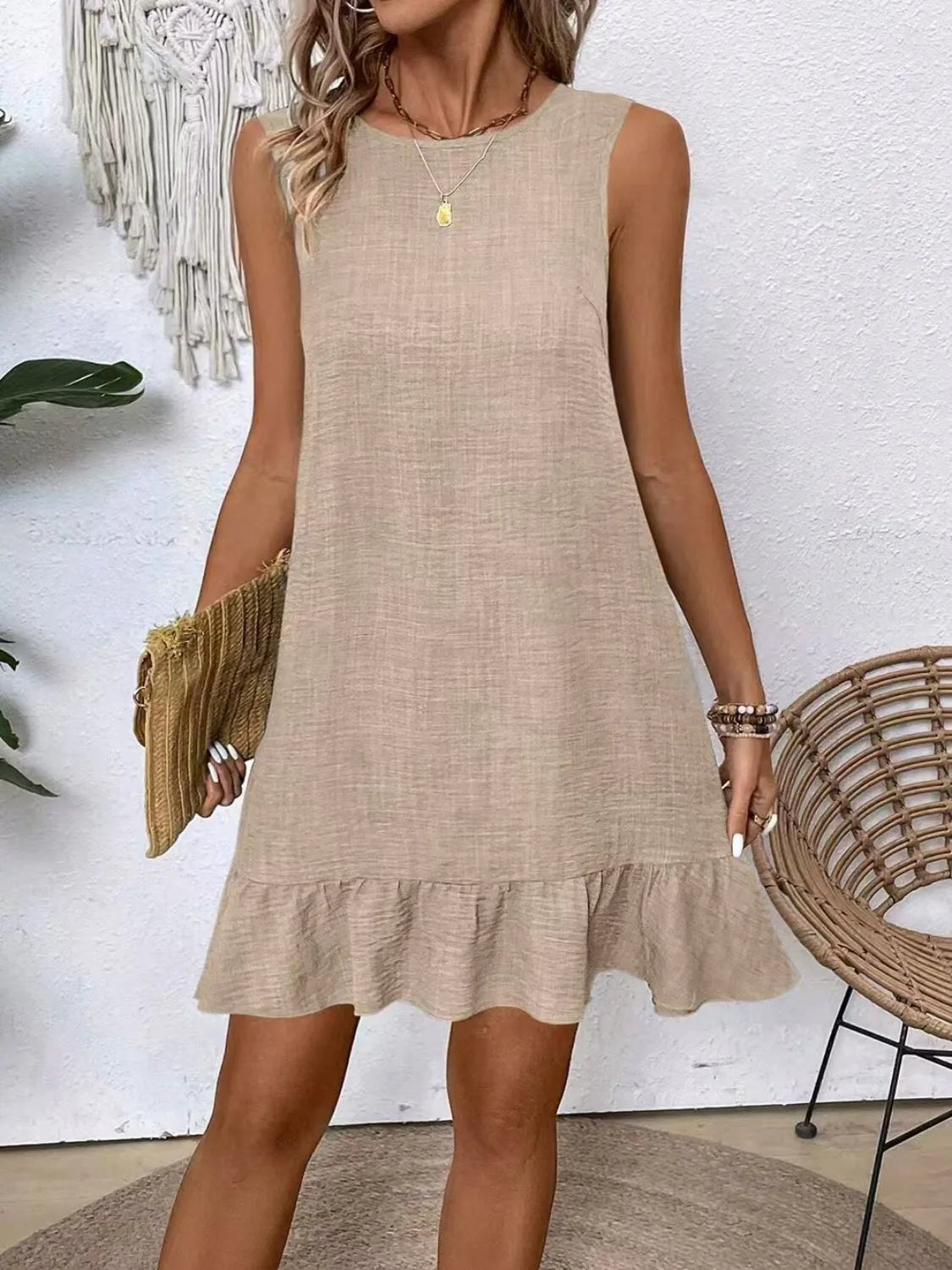 Ruffled Hem Round Neck Sleeveless Dress - adritiX