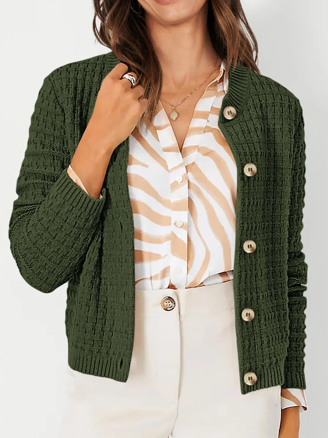 Elegant Textured Knit Button-Front Cardigan - adritiX