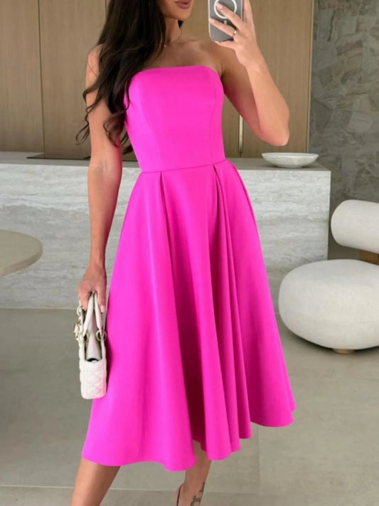 Elegant Solid Color Tube Midi Dress - adritiX