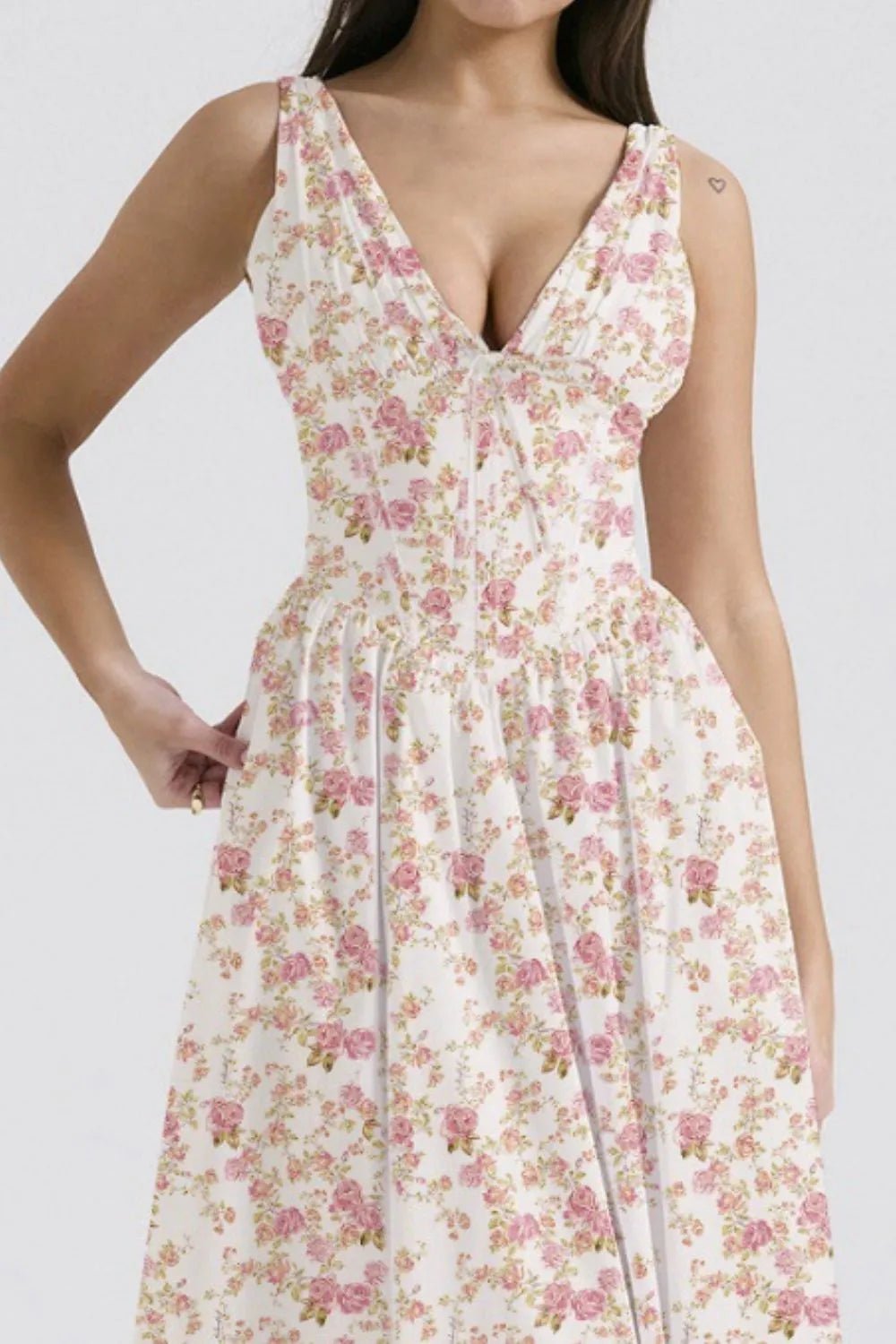 Floral V-Neck Sleeveless Midi Dress with Pockets - adritiX