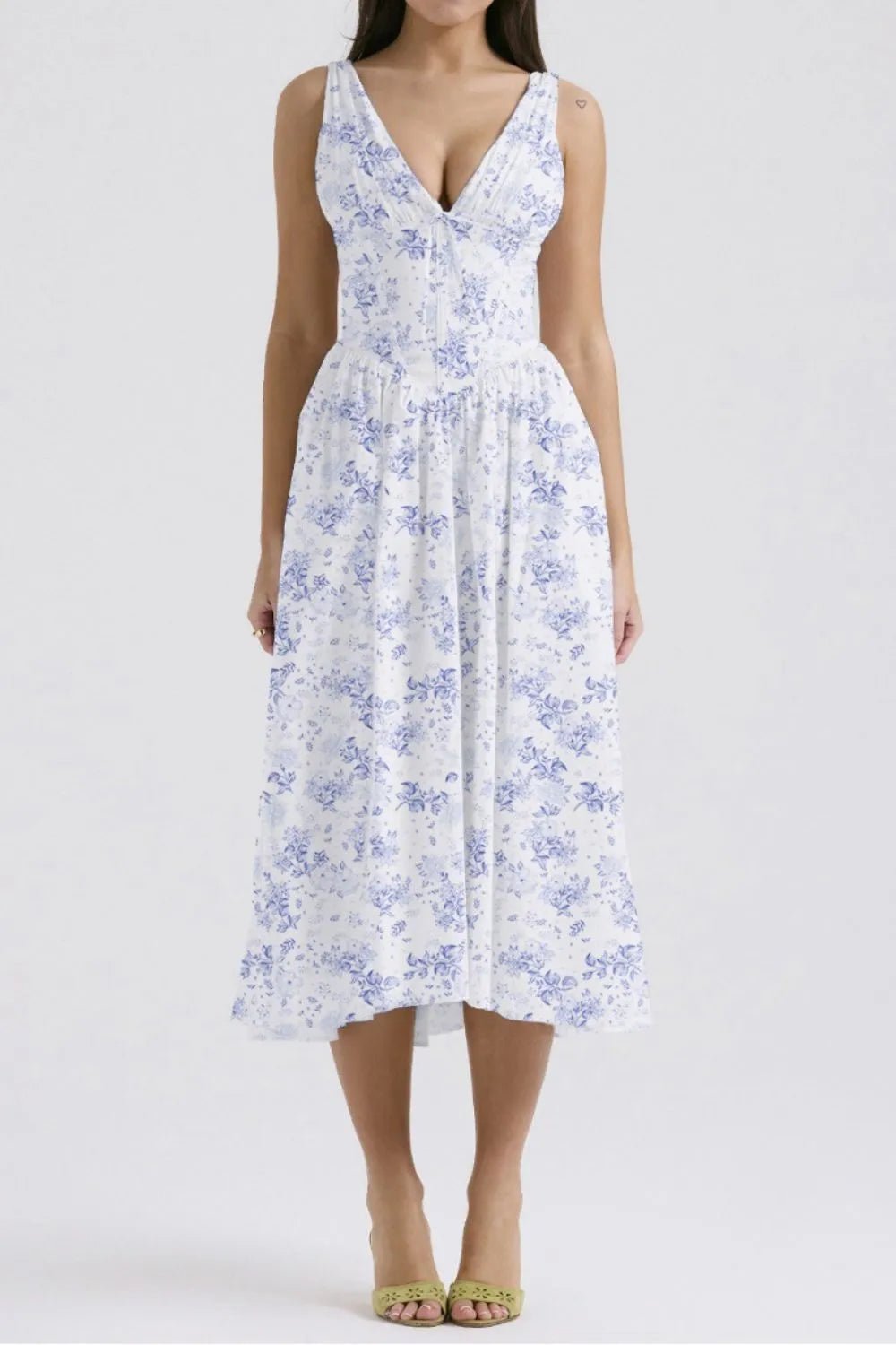 Floral V-Neck Sleeveless Midi Dress with Pockets - adritiX