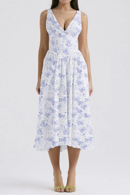 Floral V-Neck Sleeveless Midi Dress with Pockets - adritiX