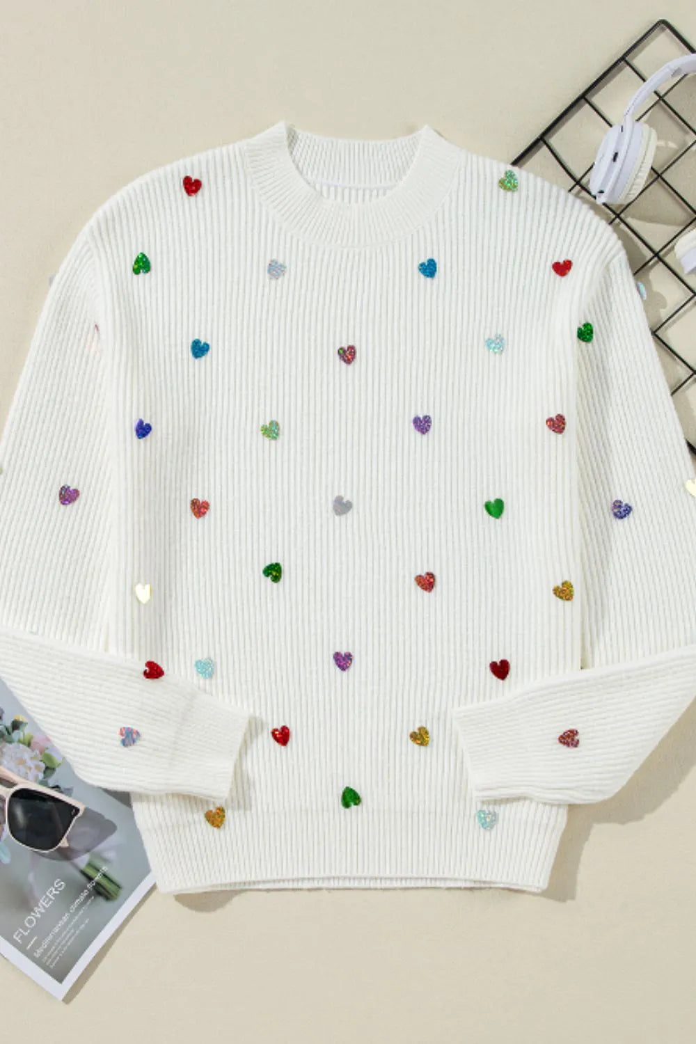 Heart Sequin Round Neck Long Sleeve Sweater - adritiX
