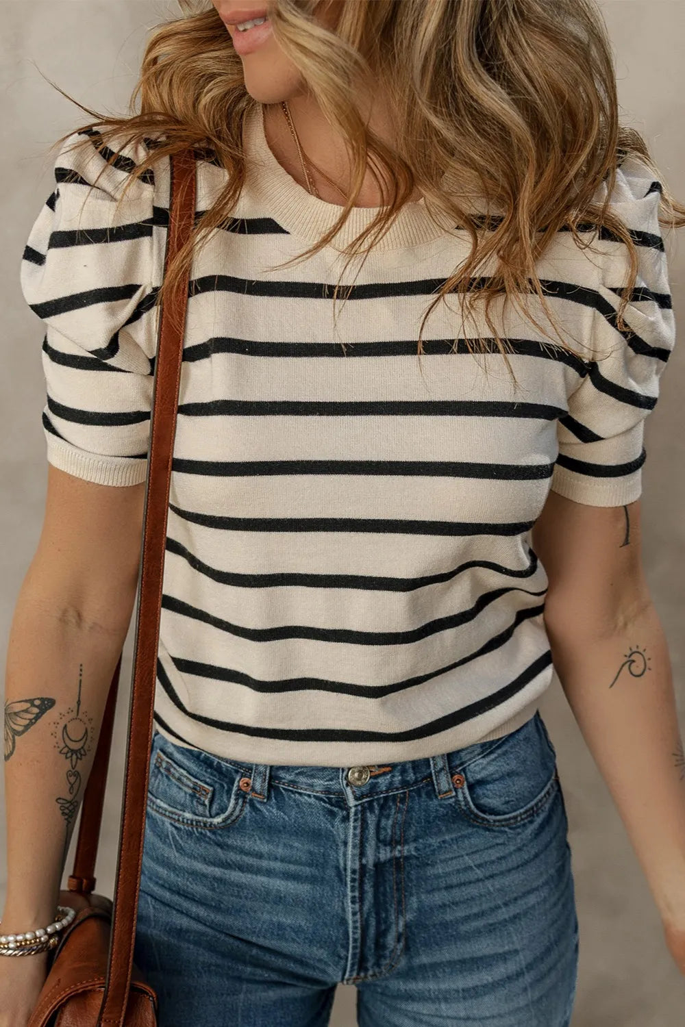 Striped Round Neck Puff Sleeve Knit Top - adritiX