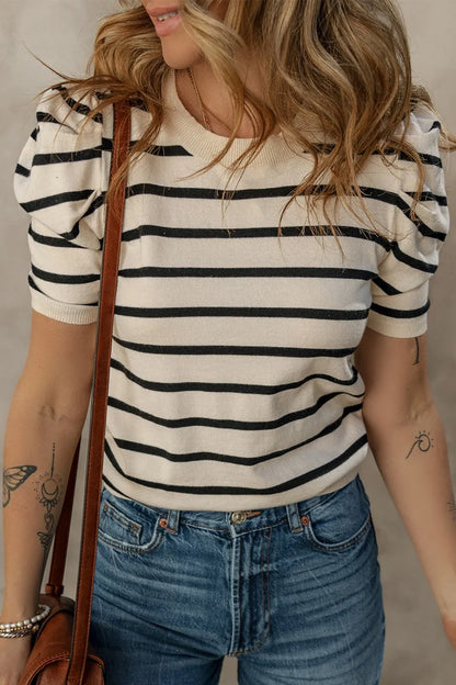 Striped Round Neck Puff Sleeve Knit Top - adritiX