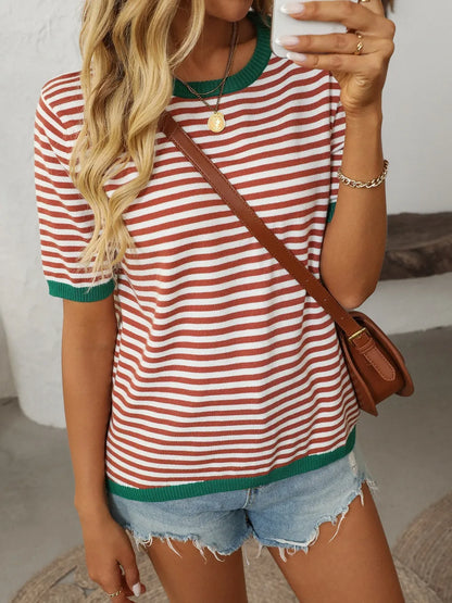 Mandy Striped Round Neck Half Sleeve Knit Top - adritiX