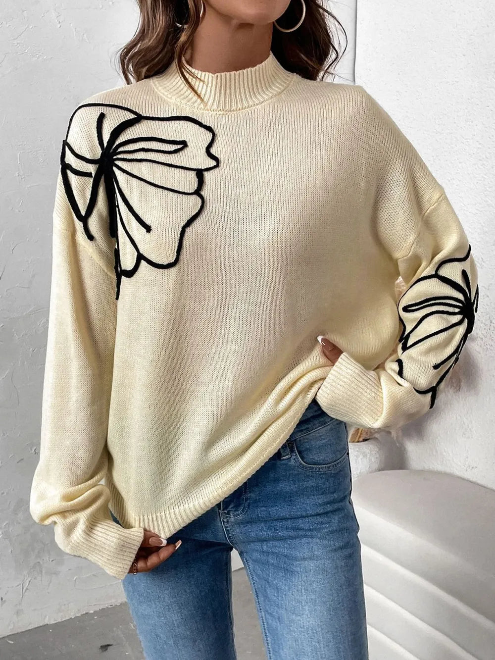 Perfee Mock Neck Dropped Shoulder Long Sleeve Sweater - adritiX