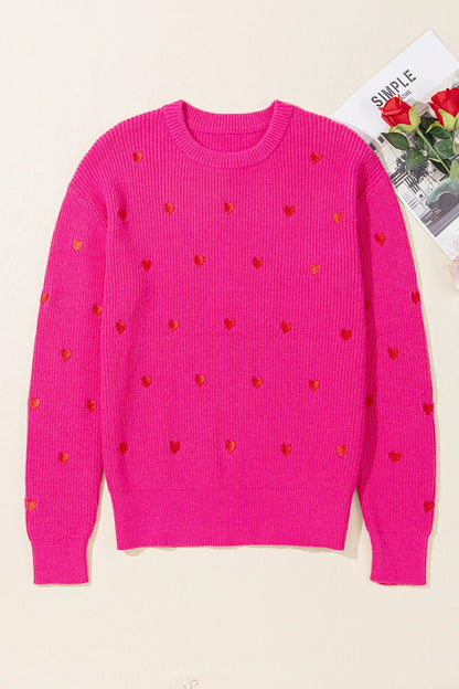 Heart Round Neck Long Sleeve Sweater - adritiX