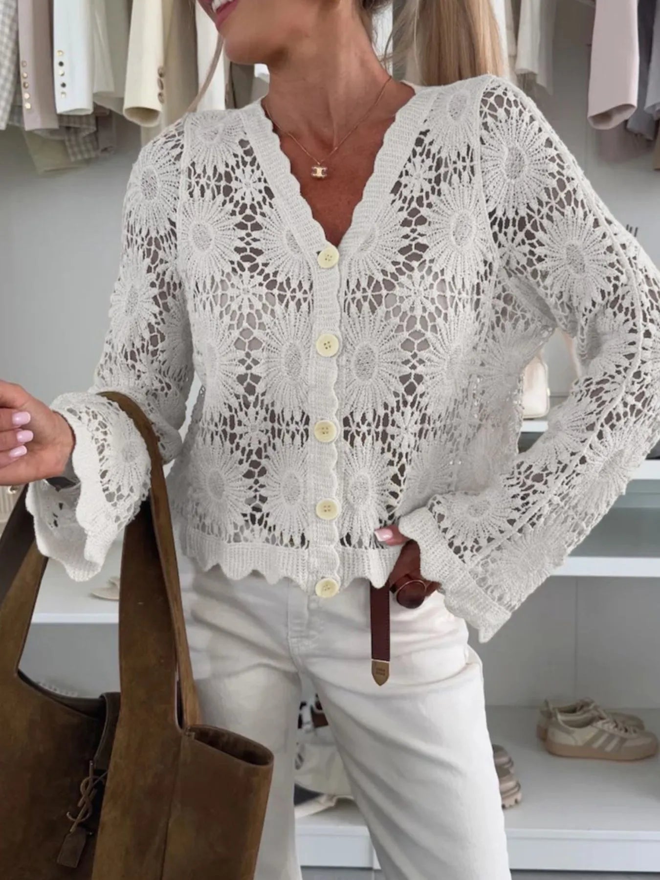 Lace V-Neck Button-Up Cardigan - adritiX