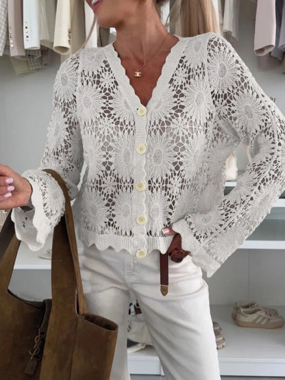 Lace V-Neck Button-Up Cardigan - adritiX