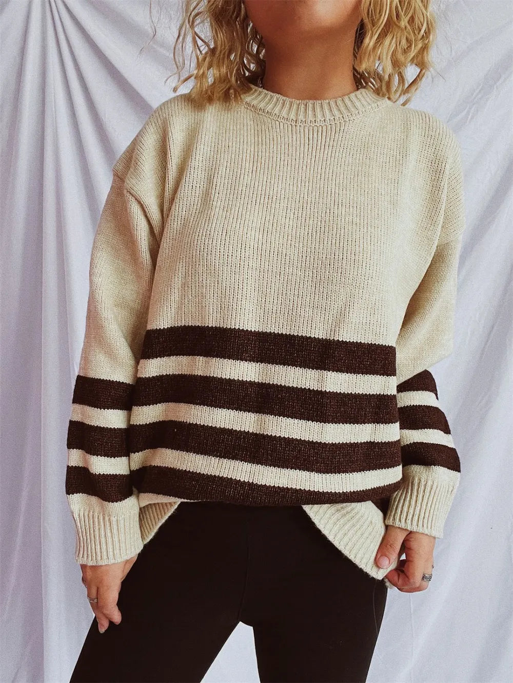 Striped Dropped Shoulder Long Sleeve Sweater - adritiX