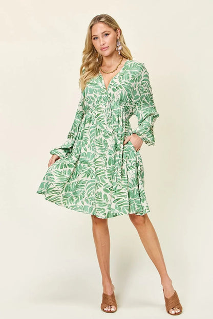 Double Take Full Size Printed Ruched Balloon Sleeve Dress - adritiX