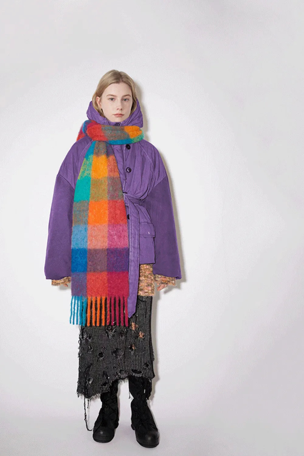 Thermal Fringe Contrast Plaid Scarf - adritiX