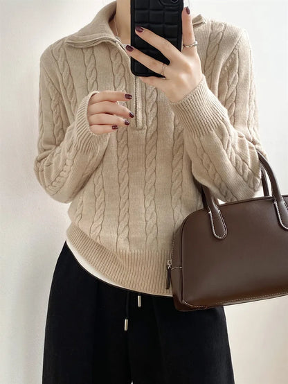 Cable-Knit Half Zip Long Sleeve Sweater - adritiX