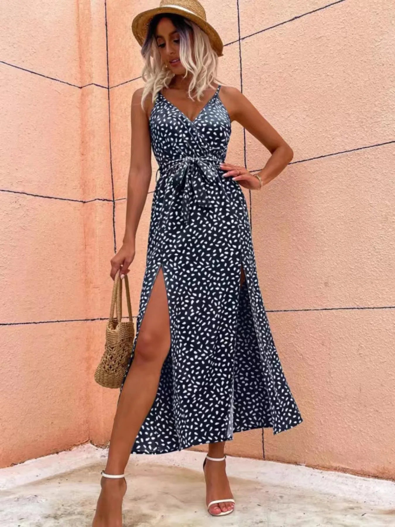Slit Printed Surplice Midi Dress - adritiX