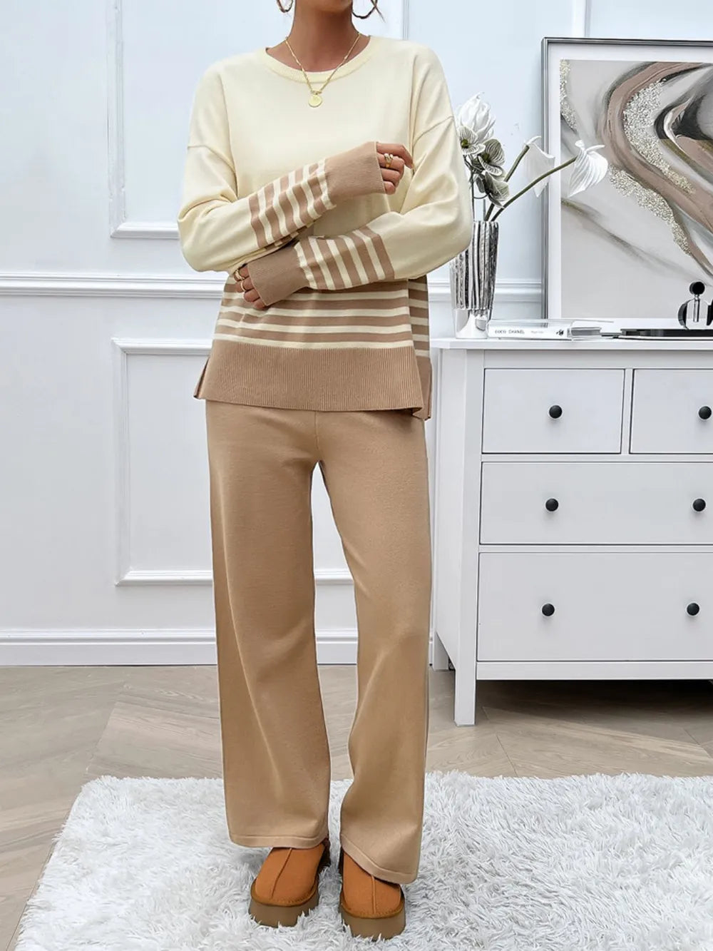 Elegant Devine Slit Striped Round Neck Top and Pants Sweater Set - adritiX