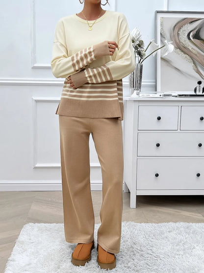 Elegant Devine Slit Striped Round Neck Top and Pants Sweater Set - adritiX