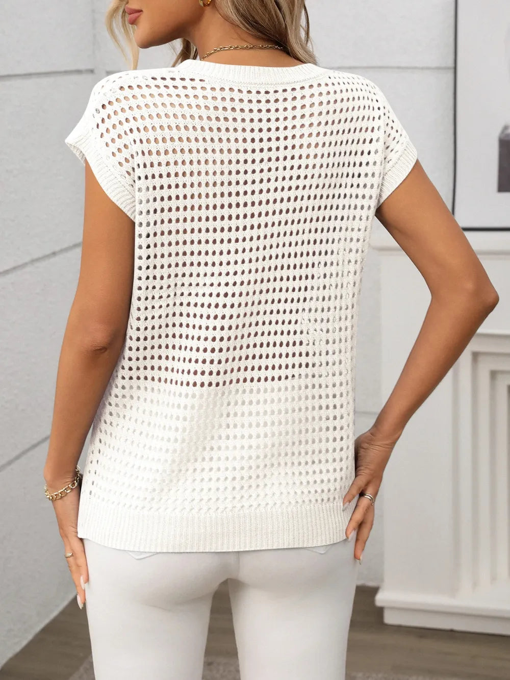 Openwork Round Neck Short Sleeve Knit Cover Up - adritiX
