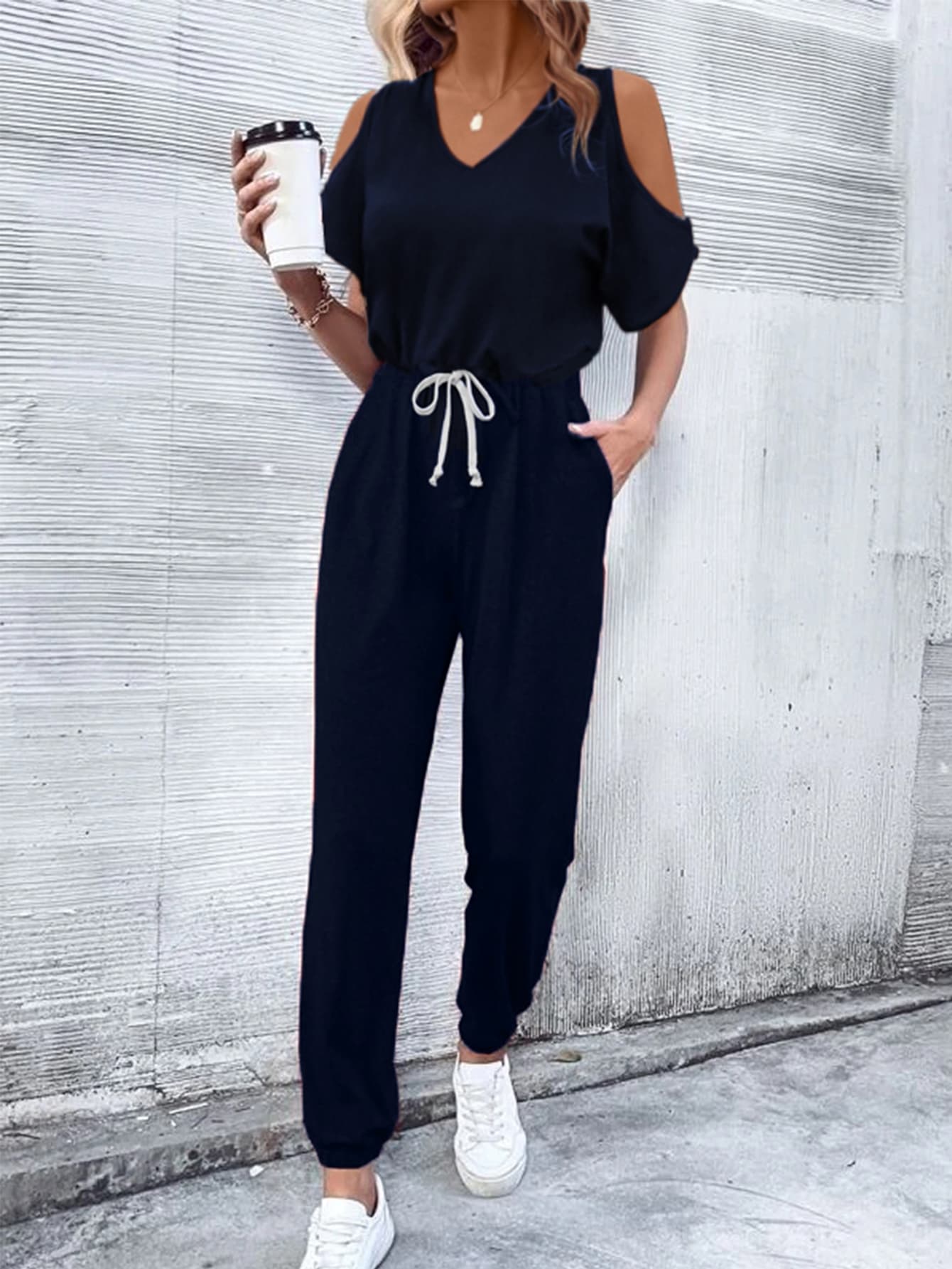 Elegant V-Neck Cold-Shoulder Jumpsuit with Pockets - adritiX