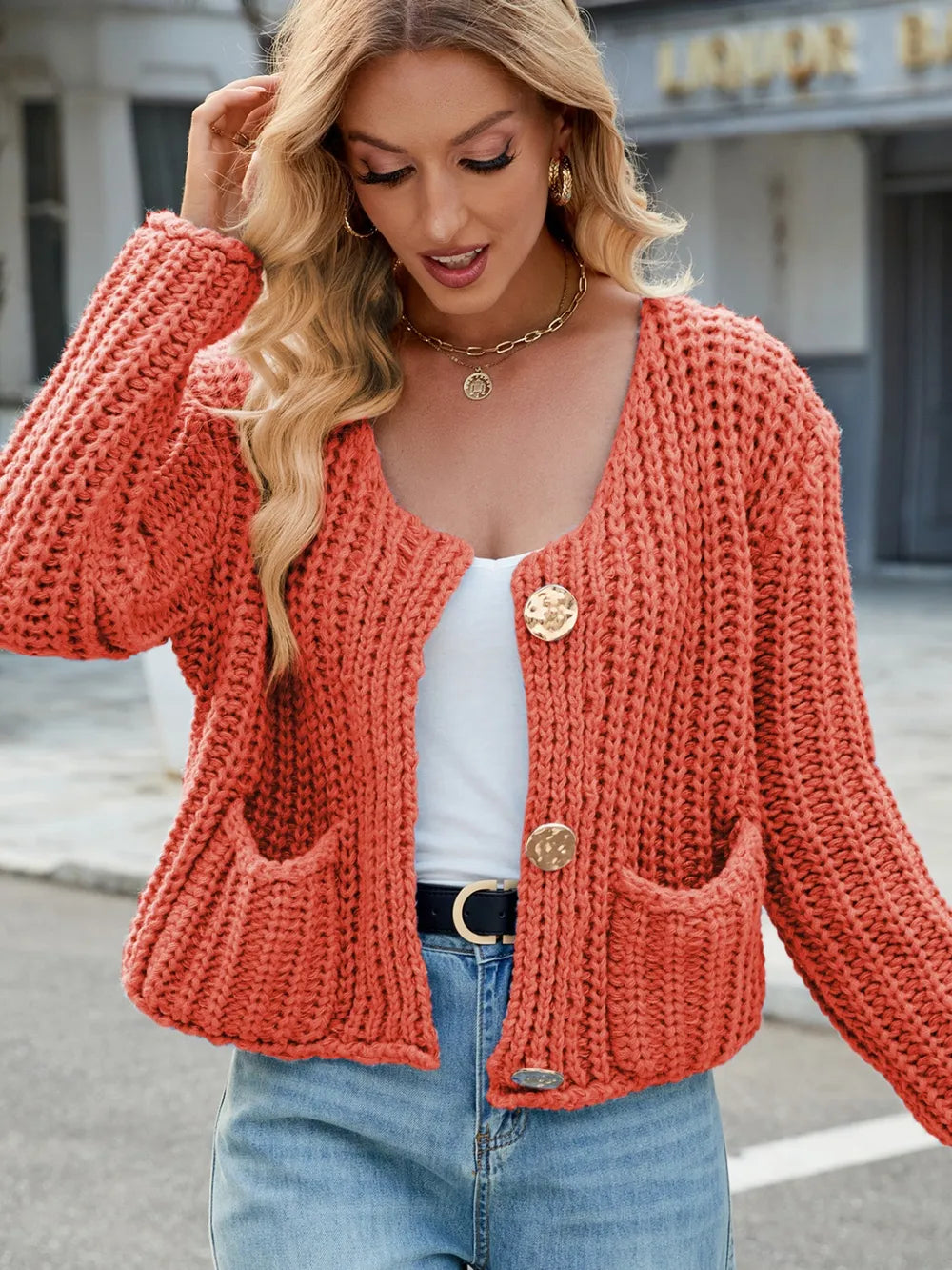 Round Neck Button Up Cardigan with Pockets - adritiX