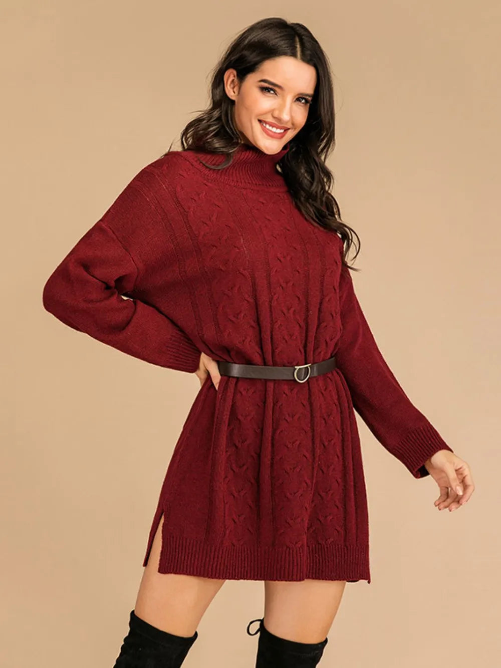 Perfee Slit Turtleneck Long Sleeve Mini Sweater Dress - adritiX