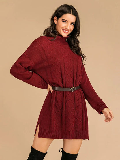 Perfee Slit Turtleneck Long Sleeve Mini Sweater Dress - adritiX