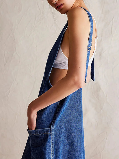 Oversized V-Neck Denim Tank Dress with Front Pockets - adritiX