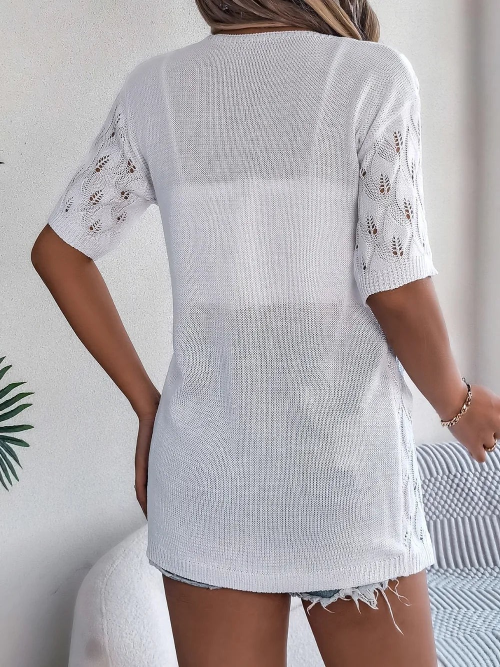 Openwork Open Front Short Sleeve Cardigan - adritiX