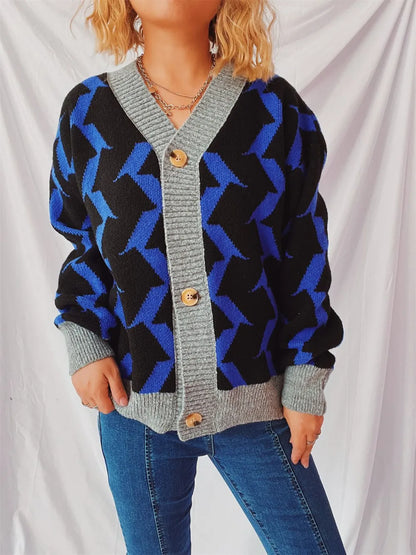 Contrast Trim Geometric V-Neck Long Sleeve Cardigan - adritiX