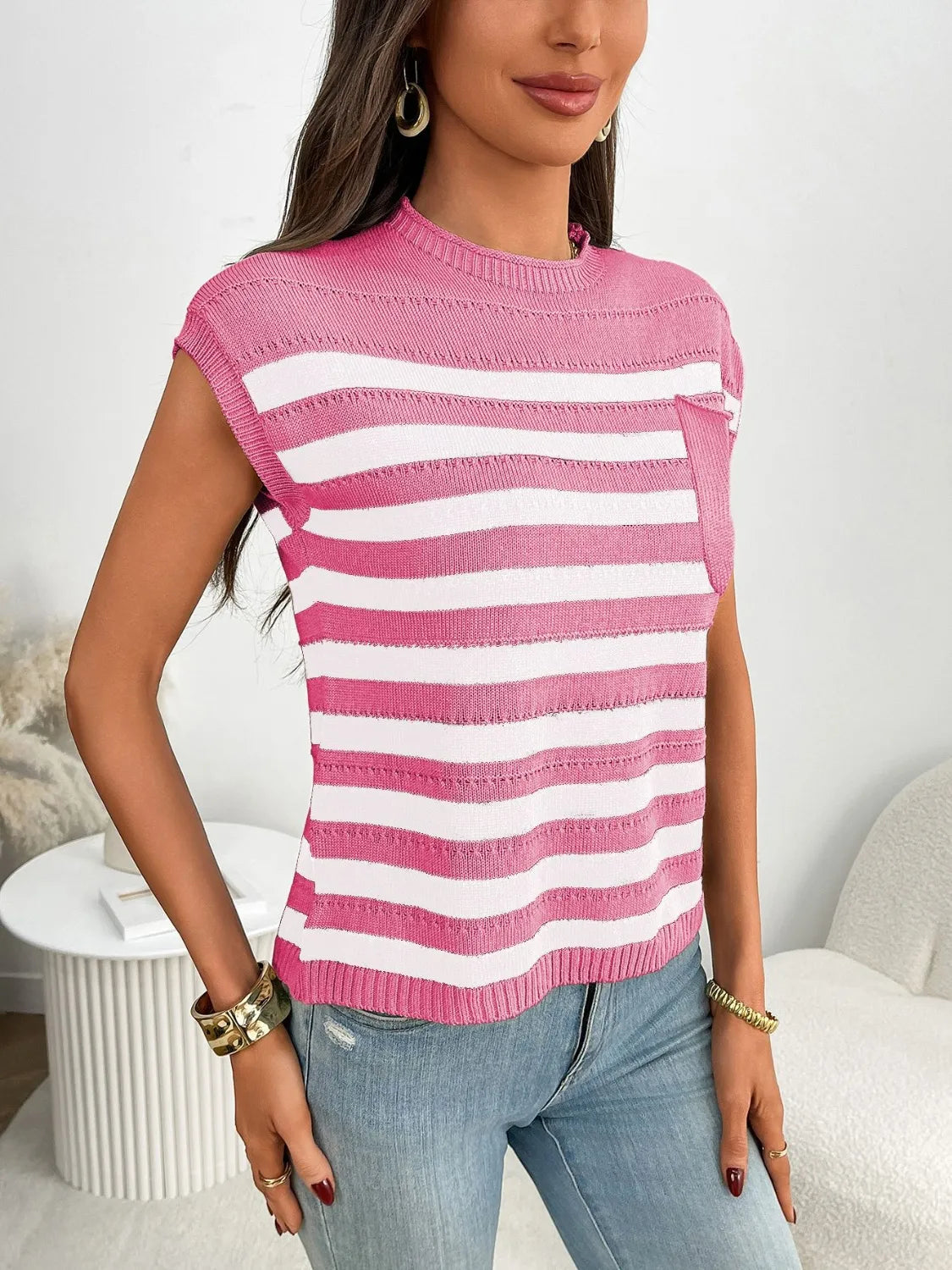 Striped Mock Neck Cap Sleeve Knit Top - adritiX