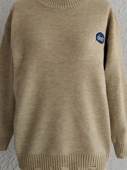 Embroidered Round Neck Dropped Shoulder Sweater - adritiX